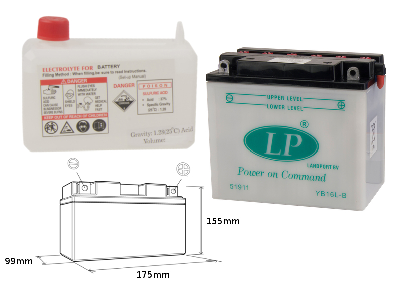 LANDPORT akumulátor YB16L-B (MD LB16L-B) 12V 19AH 175X100X155 obsluhovaný - elektrolyt zvlášť (2) UE48